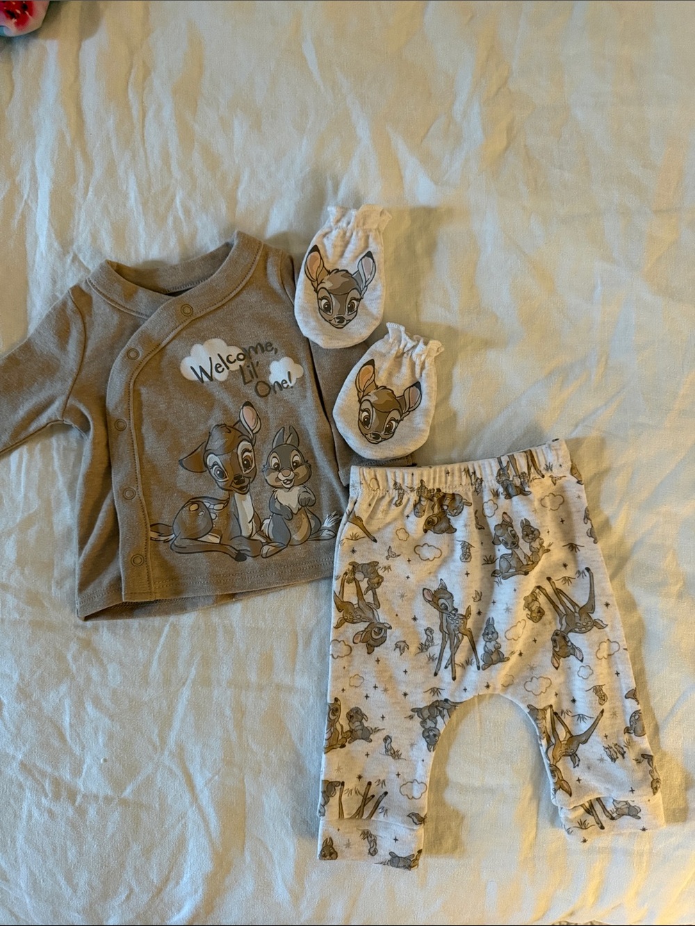 Disney Neutral Brown Bambi Baby One-Piece Set with Pants & Mittens